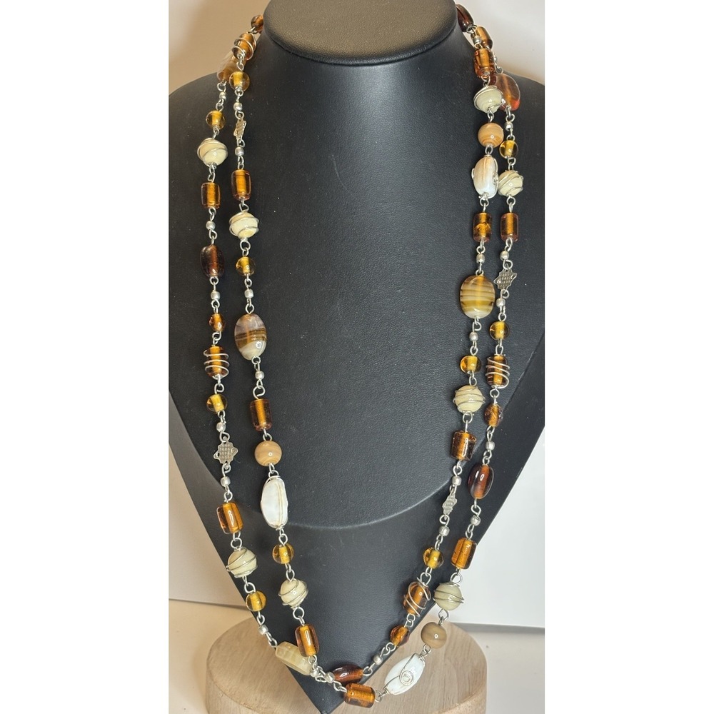 Y2K 49" Glass Bead Necklace Honey Brown Cream Wire Wrapped Opera Length